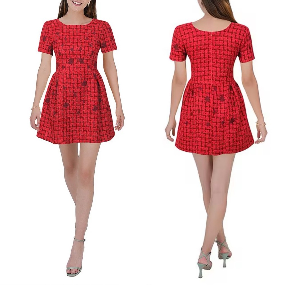 NWT Fanm Mon Samantha Tweed Embroidered Scoop Neck Cap Sleeve A-line Mini Dress